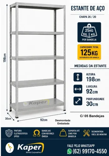 Estante de Aço 198cm x 92cm x 30cm ( Nova )- Prateleira de aço, cor cinza - promoção