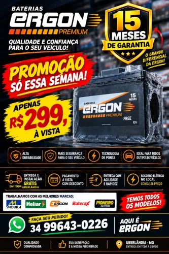 Bateria automotiva Ergon Premium 60Ah R$ 299 | 15 Meses de Garantia