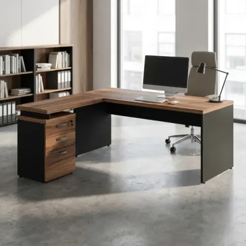 Mesa Escritório Canto Em L Com Gavetas Nogal Preto Elegante 21423