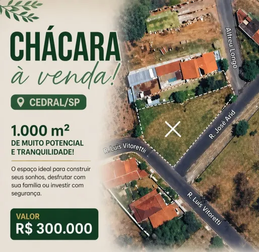 CEDRAL (SP) Chácara 1.000m2 no asfalto 