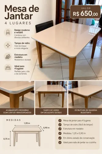 Mesa 4 lugares de madeira com tampo de vidro