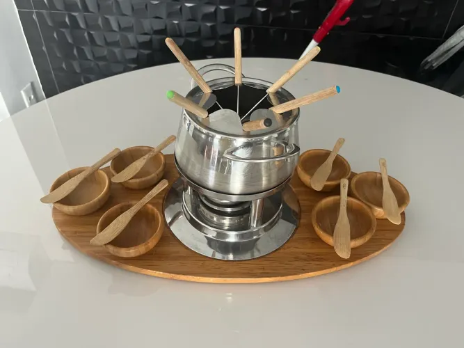 Conjunto Fondue Completo Inox e Bambu + Fondue Chocolate Extra