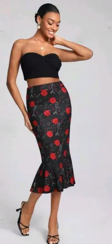 Saia Feminina Midi Rosas Babado