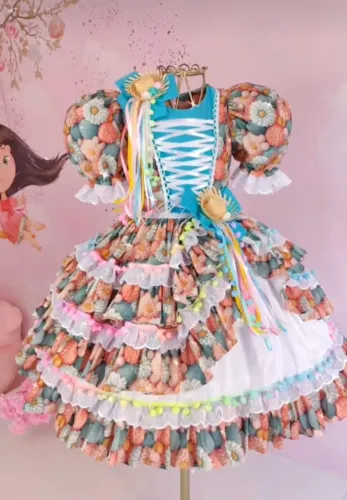 Vestido Festa Junina Luxo Infantil - Estilo Encantado, Super Colorido e Exclusivo!