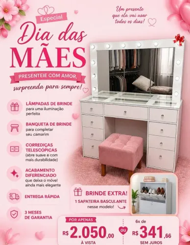 Promoção camarim Larissa com banqueta e sapateira basculante grátis 