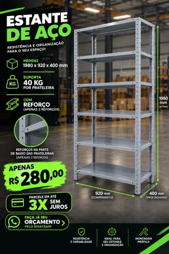Estante de Aço 40cm de Profundidade | Prateleiras Reforçadas | Estoque e Loja