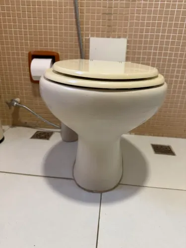 Bacia sanitária bege com assento
