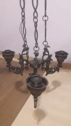 Lustre pendente antigo em bronze vintage com 3 bocais (Para restauro)
