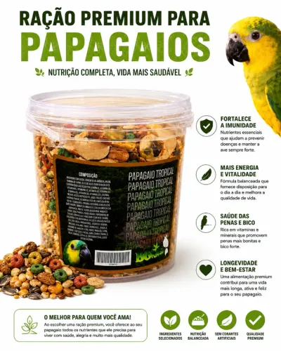 Mistura Premium Papagaio Tropical 2kg para Papagaio, Arara, Cacatua e Maritaca