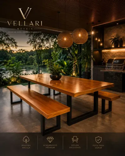 Mesa de Madeira Maciça com Bancos - Vellari Móveis