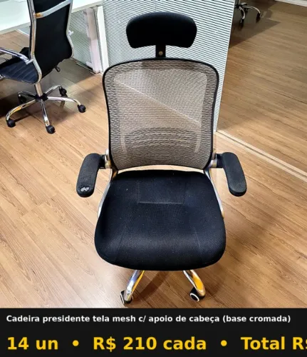 40 cadeiras presidente encosto alto base cromada - couro, mesh e tecido