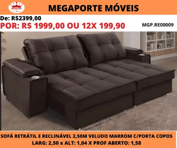 Sofá Retrátil e Reclinável Hungria 2,50 Veludo C/Porta Copos