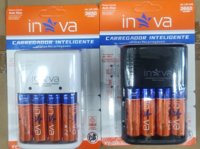 KIT CARREGADOR INTELIGENTE + 4 PILHAS AA RECARREGÁVEIS 2650mAh INOVA