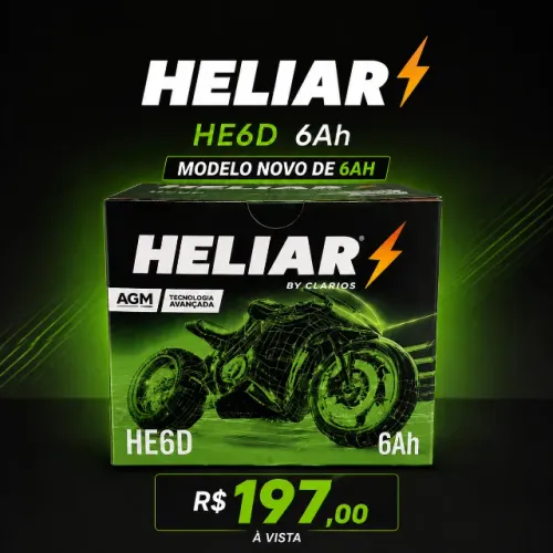 Bateria Moto Heliar 6Ah - Honda/Yamaha/Suzuki/Kawasaki - MODELO NOVO