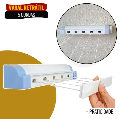 Varal Automático Rotoflex Retrátil Branco com 5 Cordas para Parede - SCS100