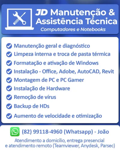 Assistência Técnica, Manutenção e Suporte de PCs, Notebooks, Computadores