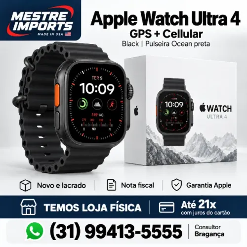 Apple Watch Ultra 4 na cor Black, com pulseira Ocean preta. Modelo GPS e Cellular.