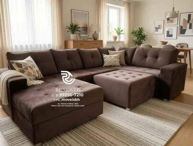 Sofá de Canto 3,10m Chaise e Puff Veludo Marrom Claro D33 Durável