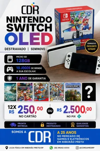 Switch Oled Destravado Seminovo 64gb + 128gb e 1 ano de garantia 