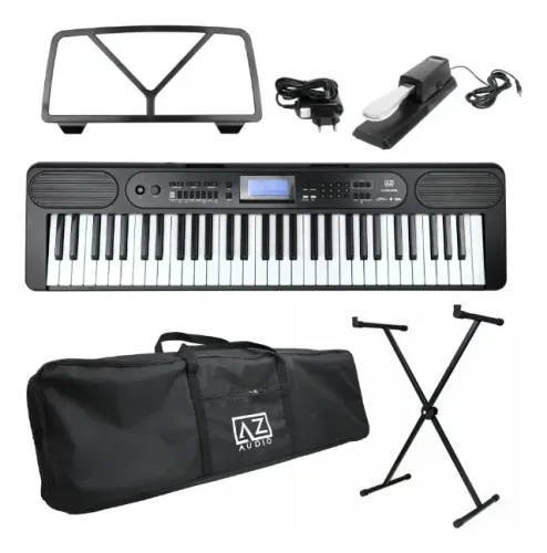 Kit teclado musical AZ KEYS SENSE KS61BT PRETO + SUPORTE PEDAL E CAPA