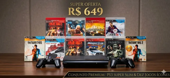 PlayStation 3 Super Slim + 2 Controles + Kit com 10 Jogos Originais