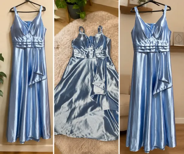 Vestido Longo de Festa Azul Claro com Fenda - Tamanho GG