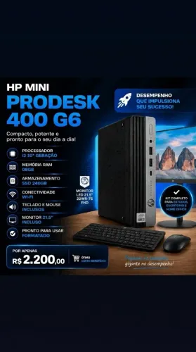 CPU mini HP deskpro 400 G6,Monitor Novo,08GB RAM,SSD 240GB,wifi,som,teclado,mouse