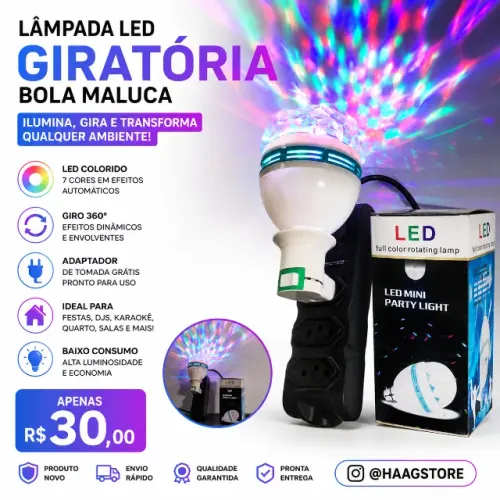 Lâmpada LED Giratória Bola Maluca | Festa DJ Karaoke Ambiente | Adaptador Grátis | R$30