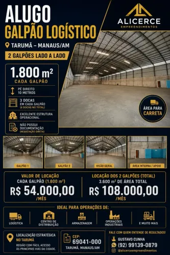 ALUGO GALPÃO NO TARUMÃ DE 1800 M2 COM DOCAS