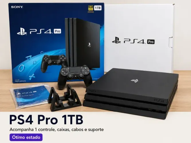 PS4 Pro 1TB com controle, caixas e acessórios