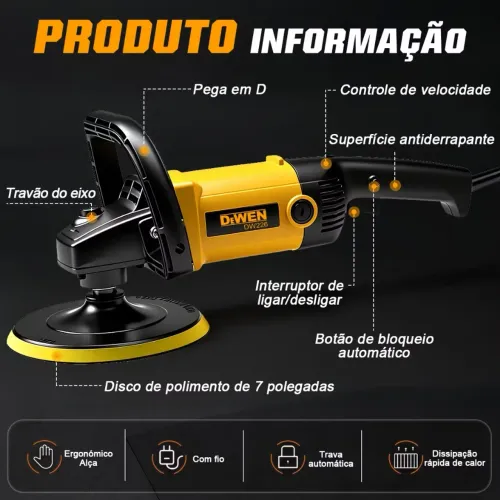 Politriz Automotiva Angular Profissional 7 Pol 1600W Máquina Polir Polimento