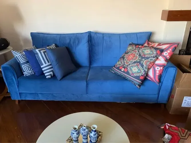 Sofá 3 Lugares em Suede Azul - Confortável e Elegante