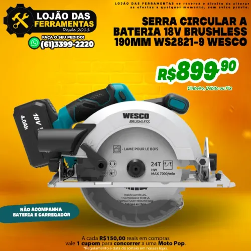 Serra Circular a Bateria 18V Brushless 190mm WS2821-9 Wesco