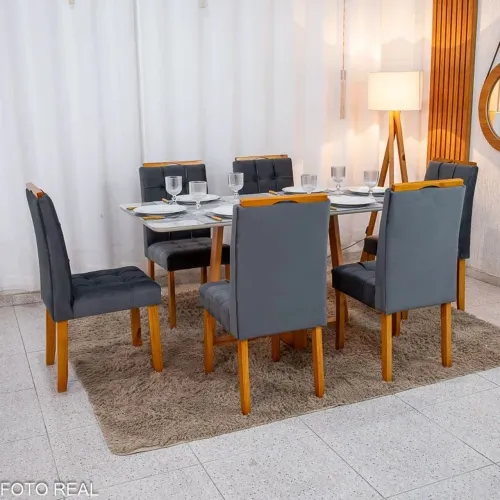 Mesa de Jantar Tampo 160×80 Vidro Off/Base Madeira + 6 Cadeiras