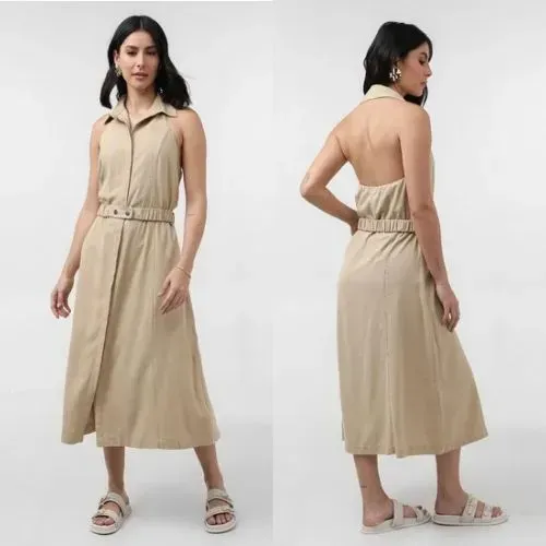 Vestido midi frente única em viscolinho bege | AK by Riachuelo