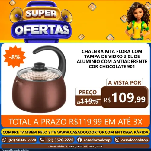CHALEIRA MTA FLORA COM TAMPA DE VIDRO 2,0L - ALUMINIO COM ANTIADERENTE COR CHOCOLATE 901