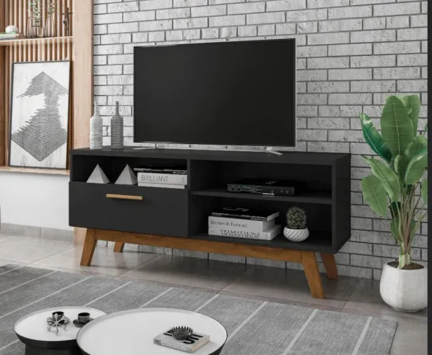 RACK PALÁDIO 1.35 - PARA TV ATÉ 55 POLEGADAS E ESTILO RETRÔ, PÉS MADEIRA MACIÇA
