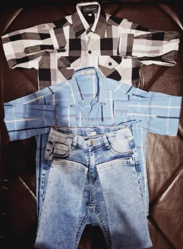 2x Camisa Xadrez Manga Longa, N° 6, Infantil. 1x Calça Jeans, Slim, N° 6, Infantil