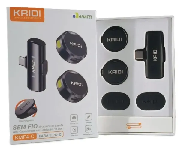 Microfone Lapela Sem Fio Kaidi Kmf4-c Preto Usb-c