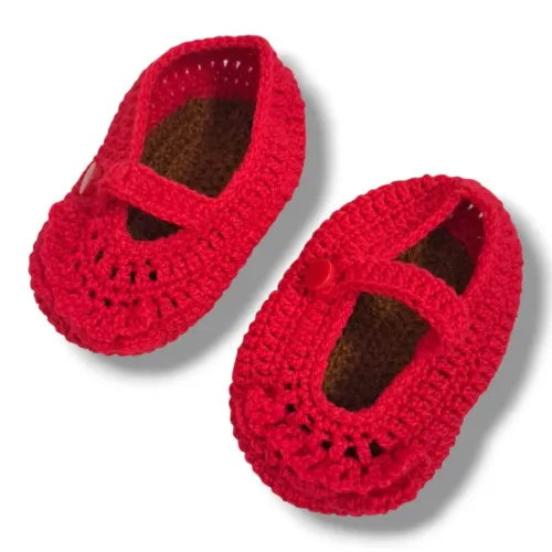 Par de Sapato Infantil De Crochê Vermelho/Marrom Artesanal