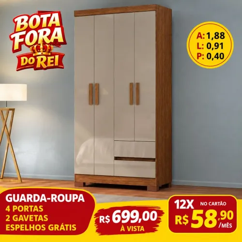 PROMOÇÃO URGENTE - Guarda-Roupa São Luís de Solteiro com 4 Portas por apenas R$699,00