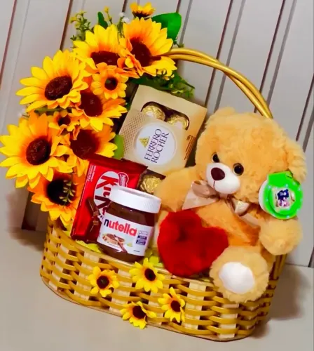 Cestas. Linda Cesta Girasol Com URSINHO e Chocolates R$:289,99