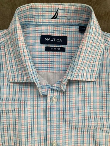 Camisa Nautica Manga Curta Listrada Tons Azul e Laranja