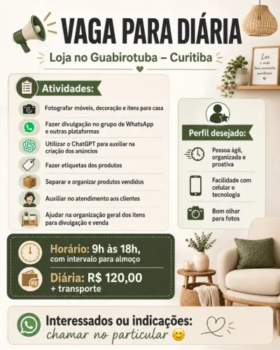 VAGA PARA DIÁRIA - LOJA NO GUABIROTUBA