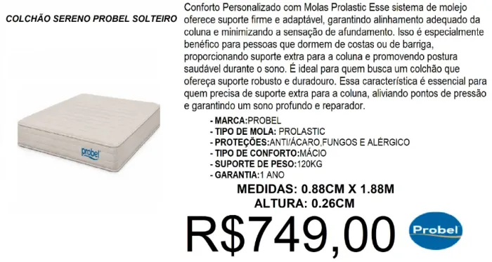Colchão - solteiro - probel - compre hoje e receba em até 72 horas 