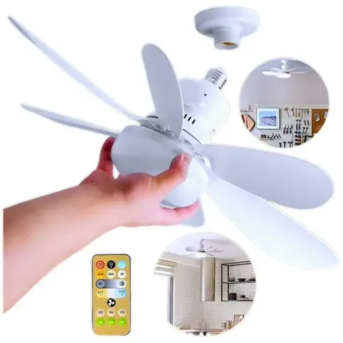 Ventilador De Teto de Bocal E27 com 6 pás Controle Remoto e Luz Integrada