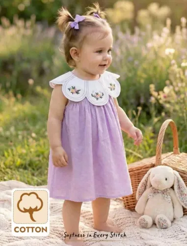 Vestido Infantil Lilas Com Bordado E Gola Redonda Fofo