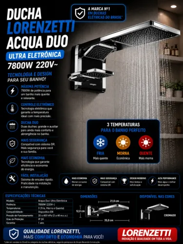 DUCHA LORENZETTI ACQUA DUO ULTRA 7800W (PT/CR) OU (BR/CR)