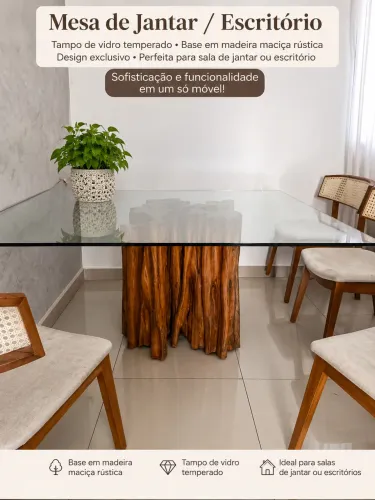 Mesa de Jantar ArboREAL - Base em Guaratã + Tampo de Vidro 1,50 m | Excelente Estado