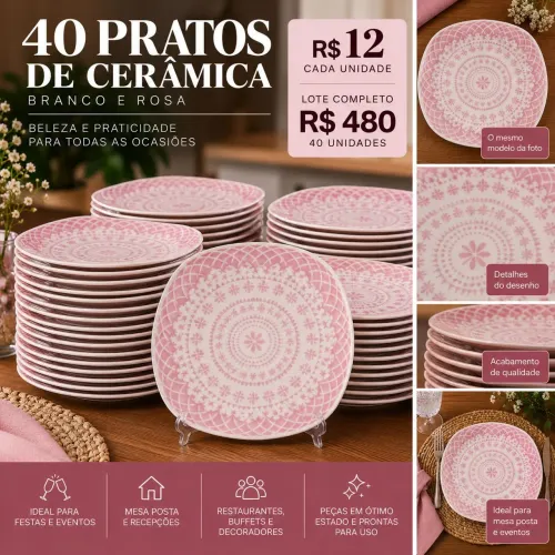 40 Pratos Rosa Decorados de Cerâmica - Mesa Posta e Eventos